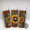 Faux tooled leather sunflower tumbler – vibrant floral coffee cup. Perfect farmhouse or western-style gift!